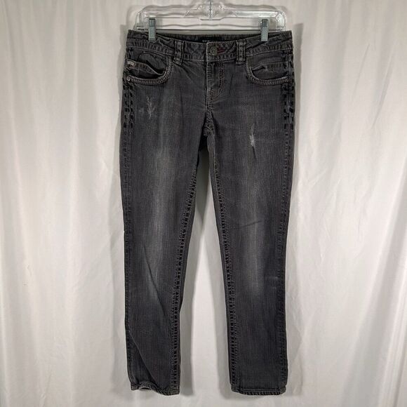 MEK Ulan Baton Cigarette Jeans Women's 28x34 Grey Denim Low Rise Embroidered - Picture 1 of 11